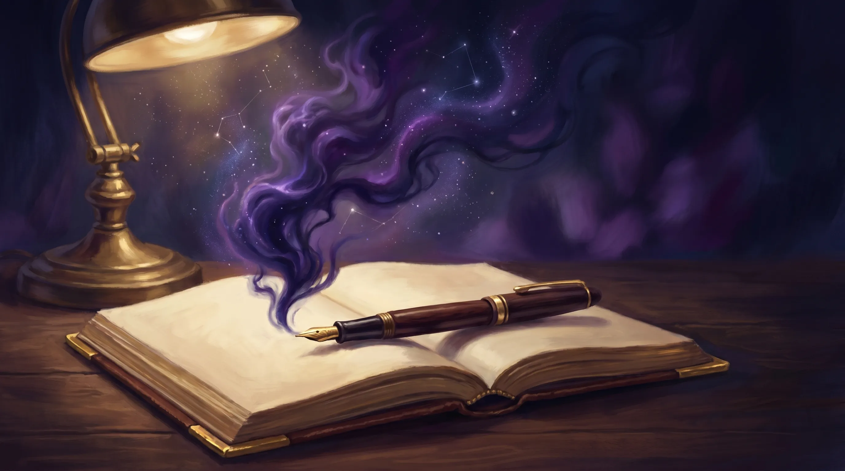 A vintage fountain pen on a leather journal with ink swirling into cosmic shapes under golden lamp light — the art of spiritual writing