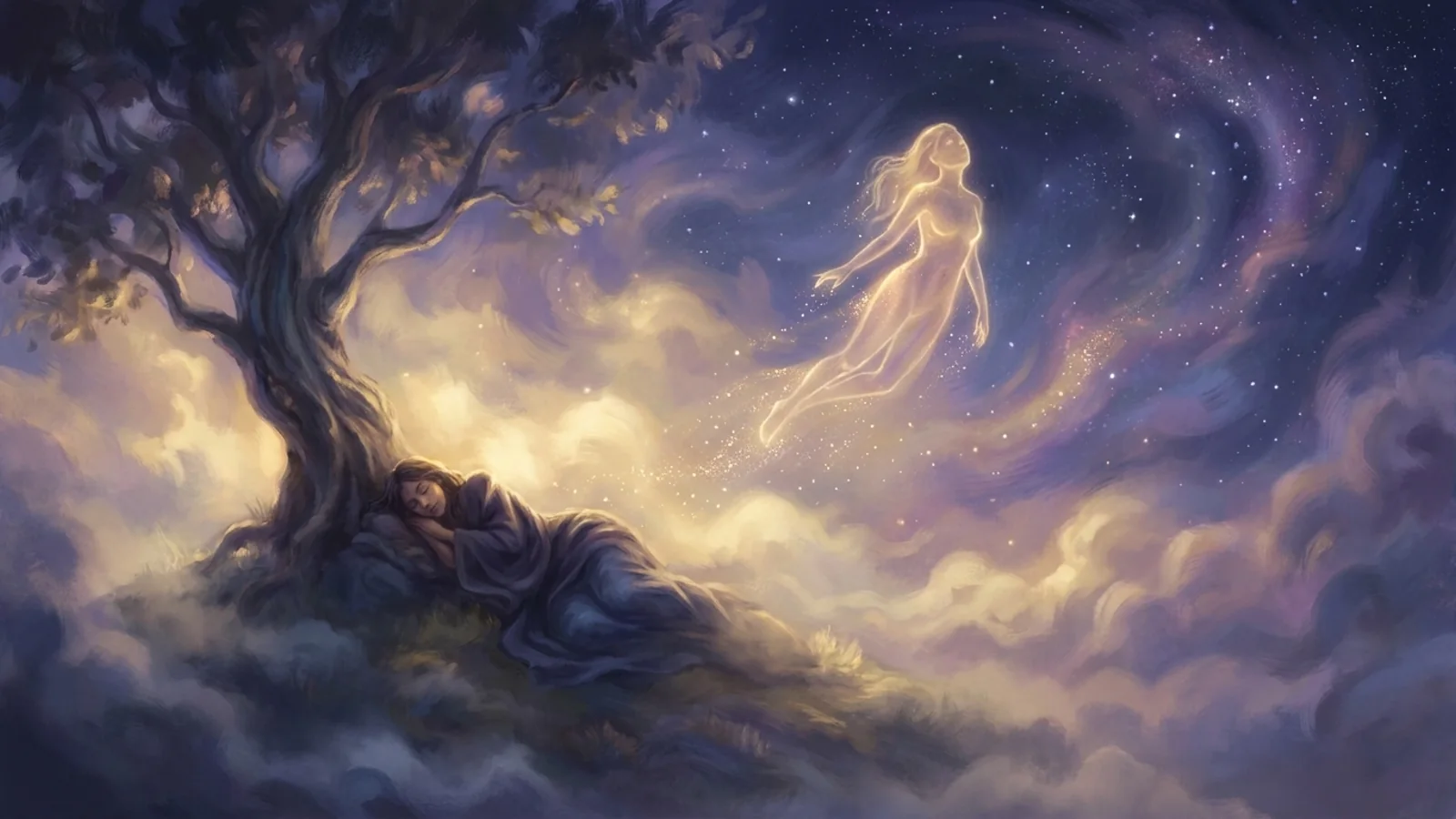A figure asleep beneath a luminous starfield with a faint second self rising in soft gold and violet light — astral projection vs lucid dreaming