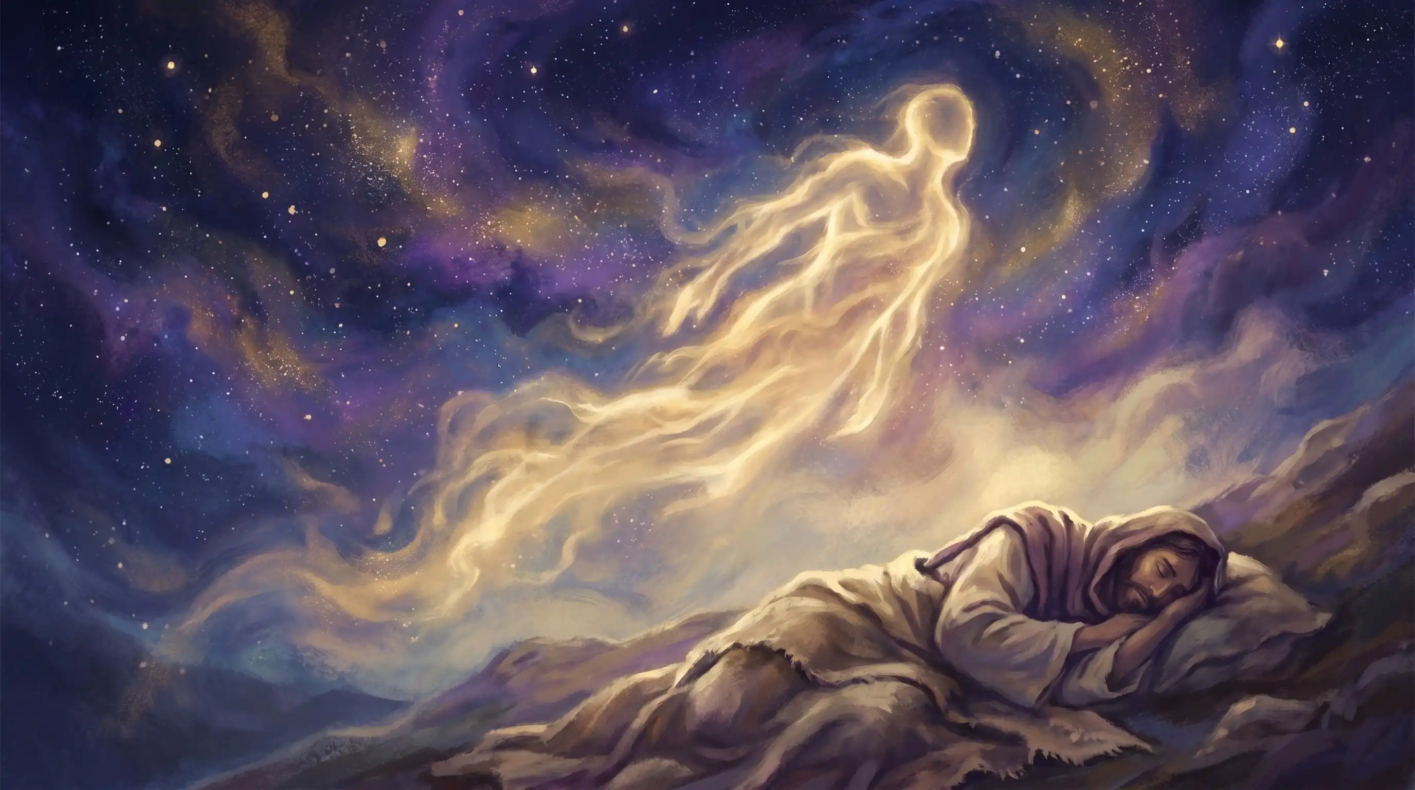 A luminous translucent figure rising from a sleeping body into a starlit sky — best astral projection books for beginners