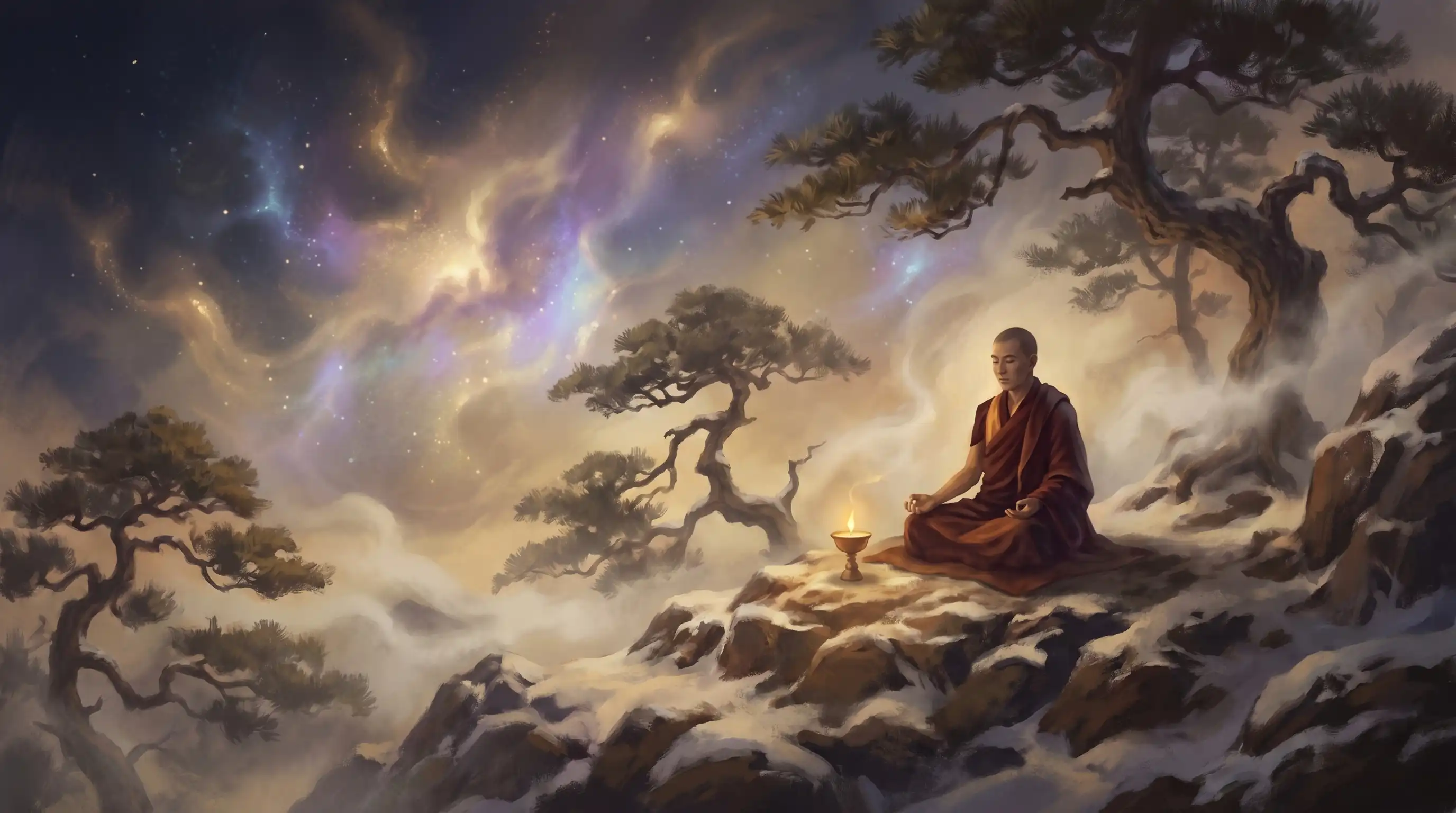 A Tibetan practitioner meditating beneath a vast night sky of stars and soft gold light — best dream yoga books