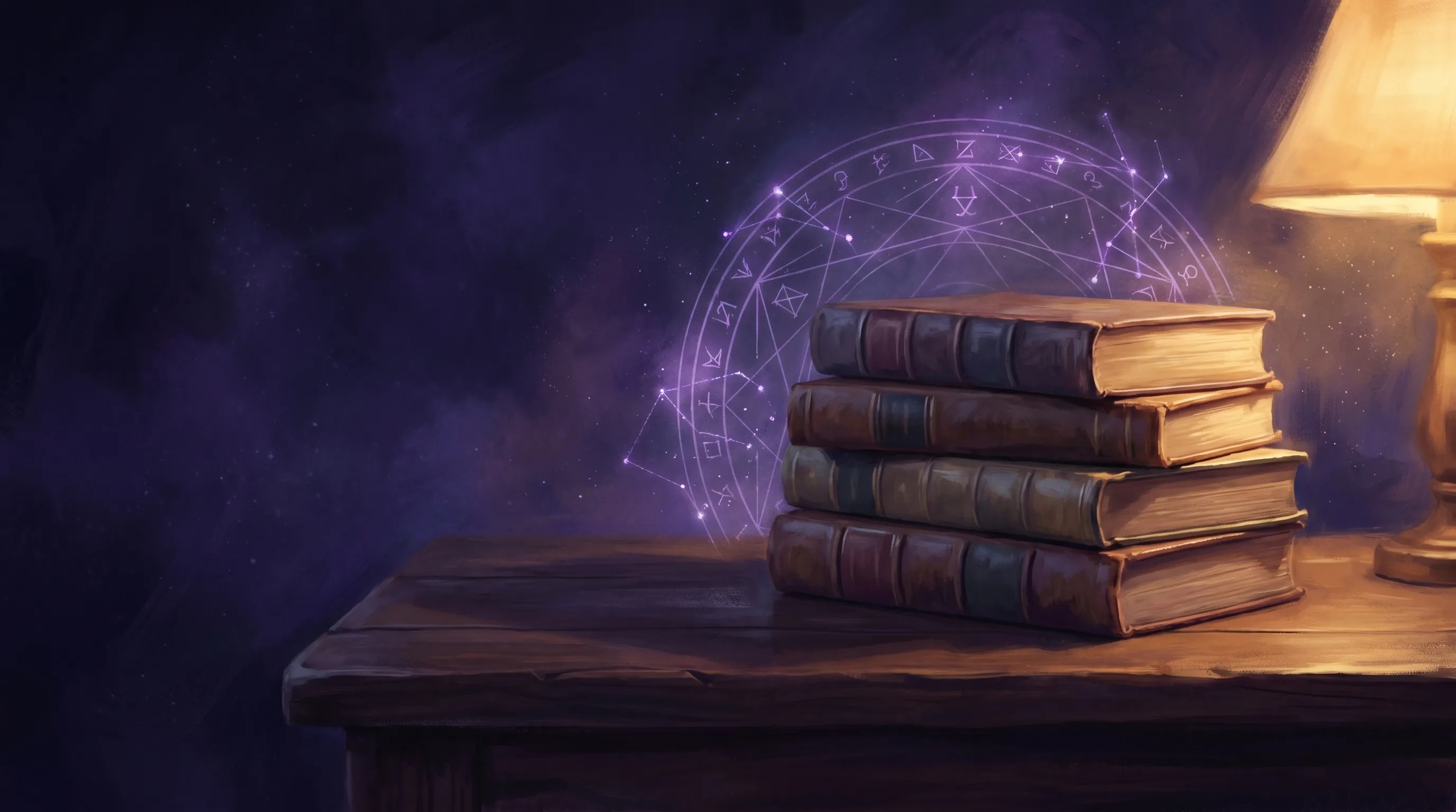 A stack of leather-bound books with faint purple geometric symbols floating above them — best metaphysical books for beginners