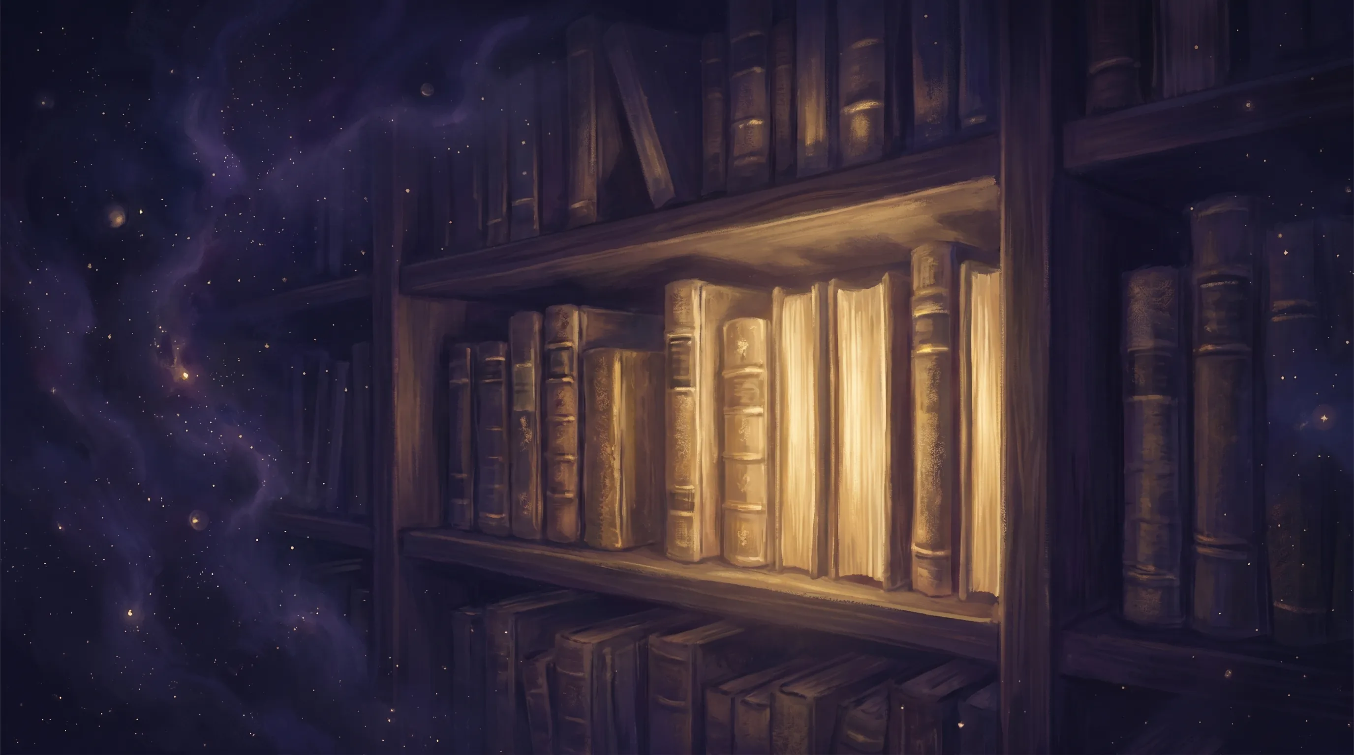 Glowing leather-bound books on a library shelf against a starry cosmic backdrop — best spiritual books of 2026