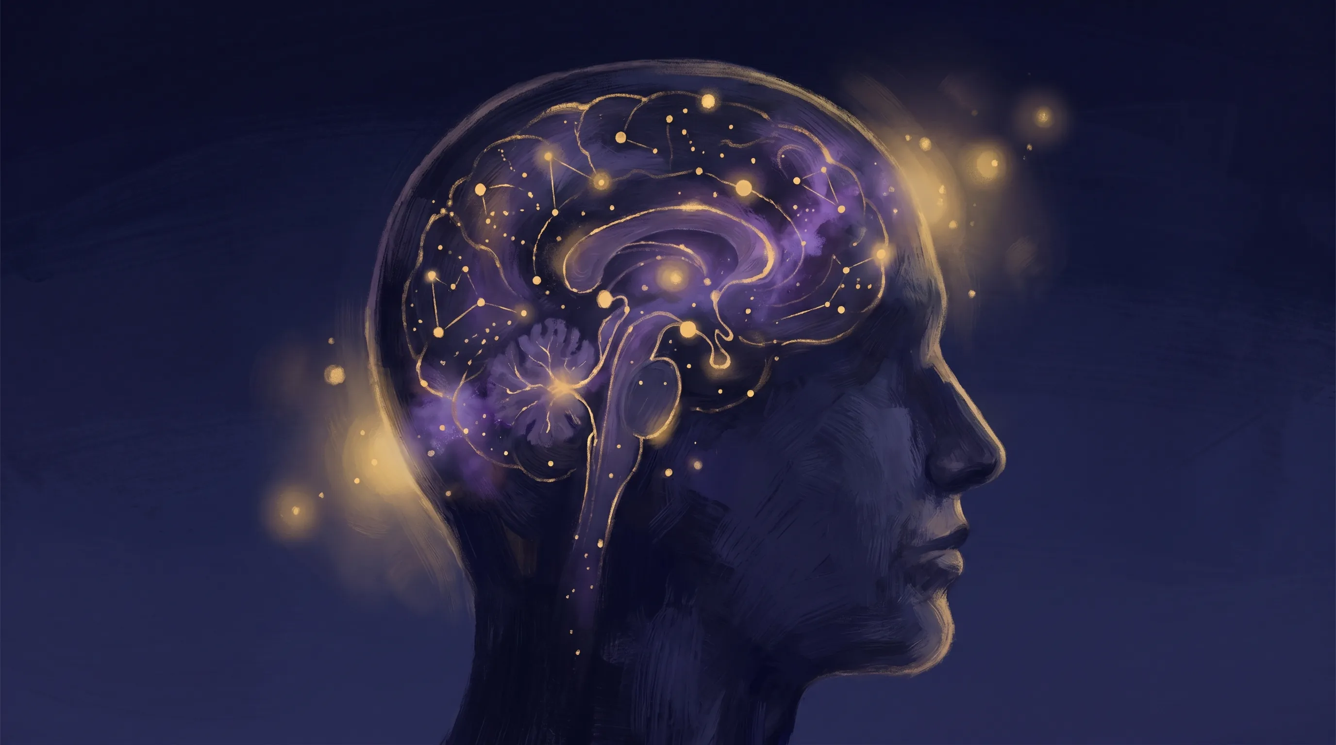 Cross-section silhouette of a head with constellations and neural patterns inside, glowing in golds and purples — consciousness reading list