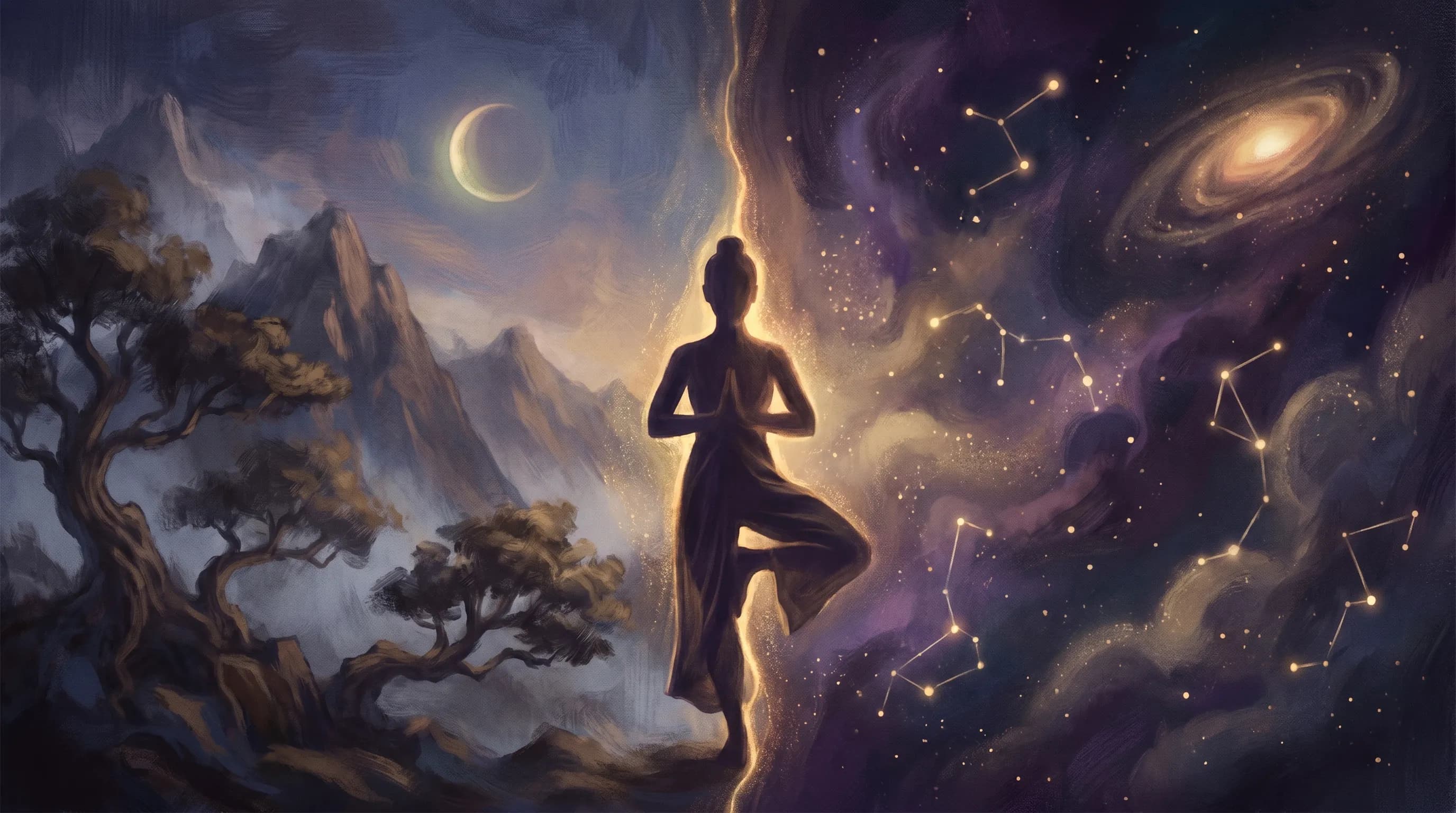 A yoga-pose silhouette against a dual landscape — earthly mountains on one side, cosmic stars on the other — integrating physical and spiritual practice
