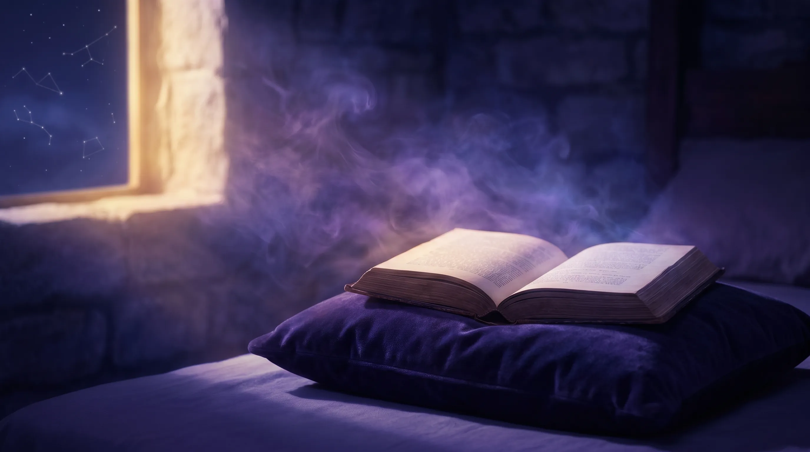 Open book on a pillow at night with dreamlike haze rising from the pages — lucid dreaming books guide