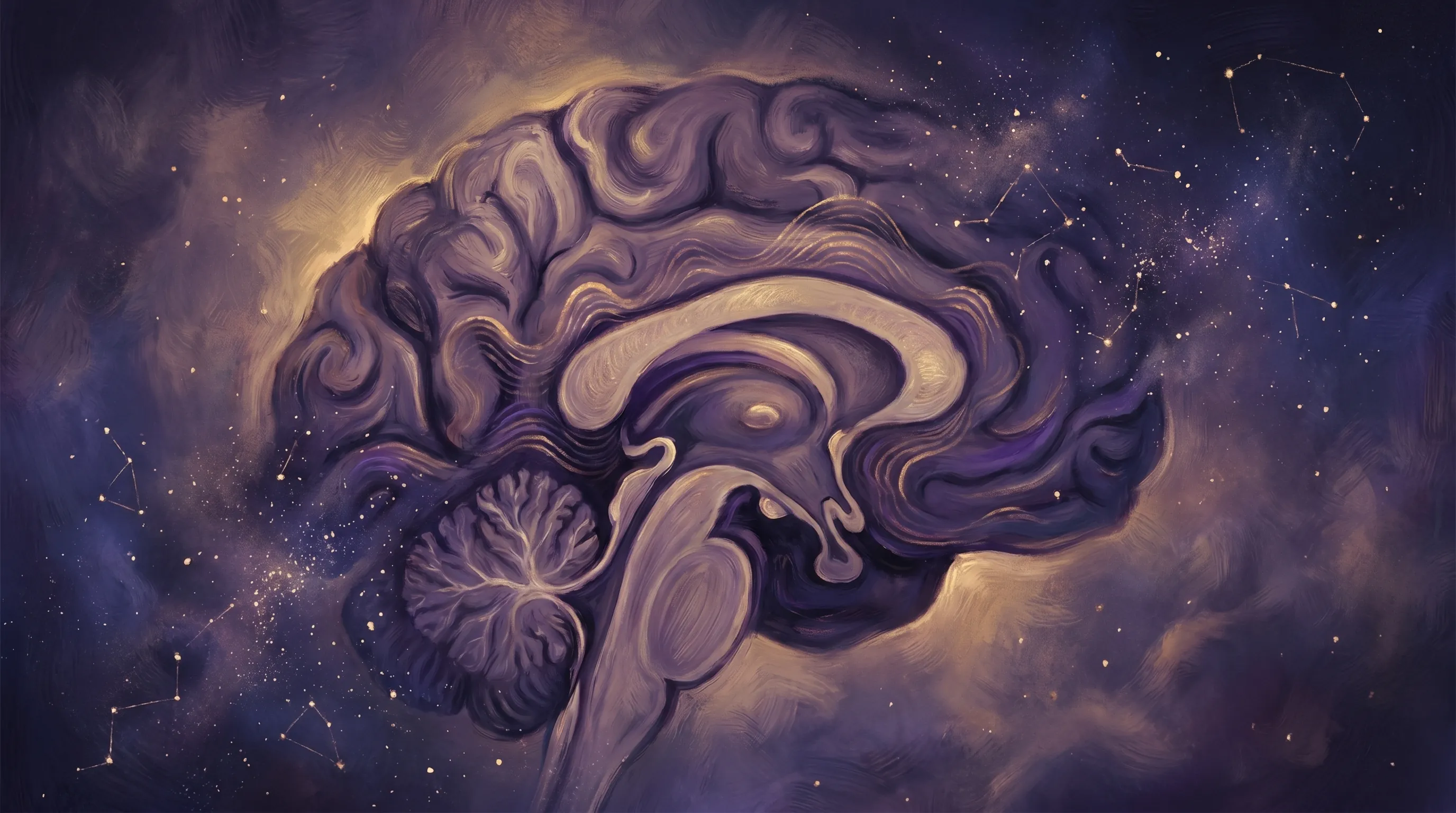 A brain cross-section dissolving into starlight with REM-wave patterns — lucid dreaming research and phenomenon