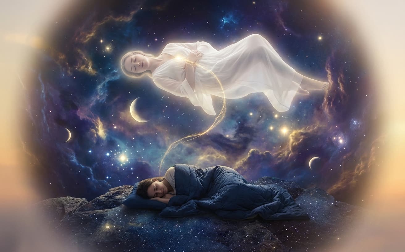 Dreaming figure floating above sleeping body in a surreal cosmic landscape — lucid dreaming guide at physi-tualcapital.com