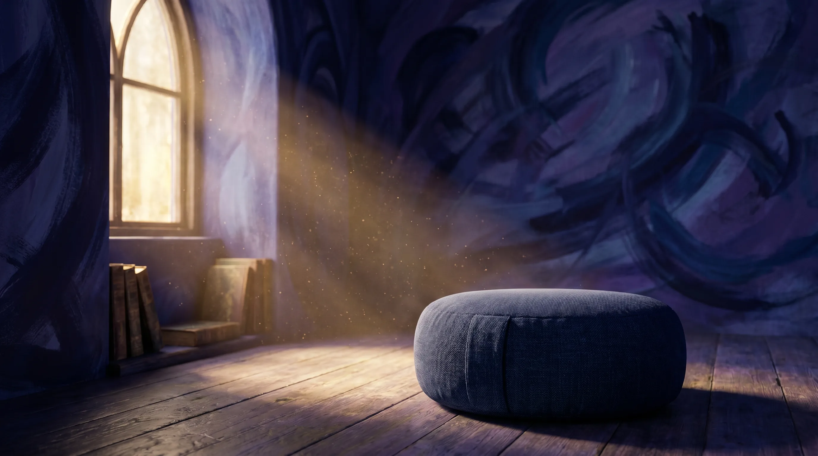 A meditation cushion in a quiet sunlit room with golden dust motes — meditation books for beginners