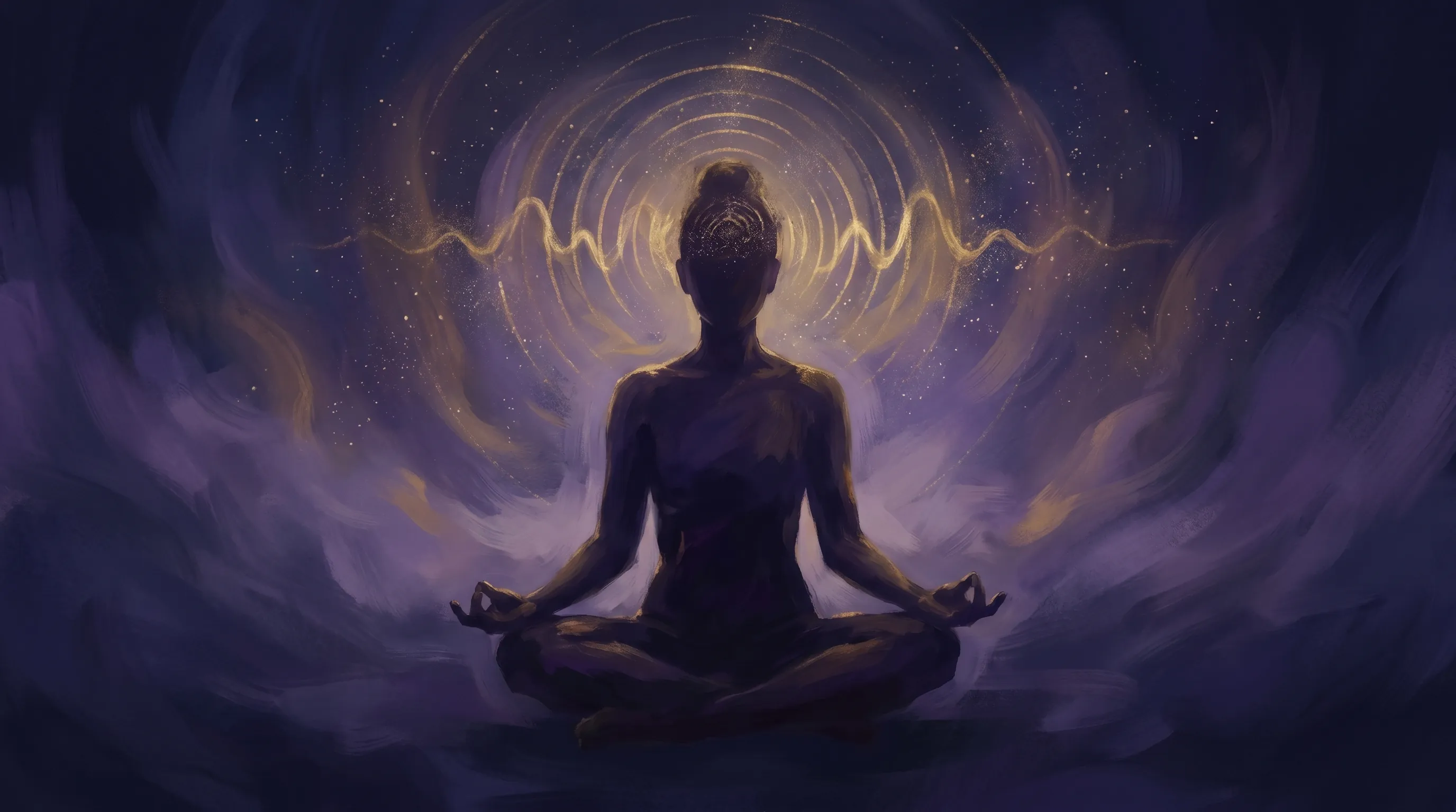 A meditator in lotus position with brain-scan-style ripples expanding outward in indigo and gold — meditation research and benefits