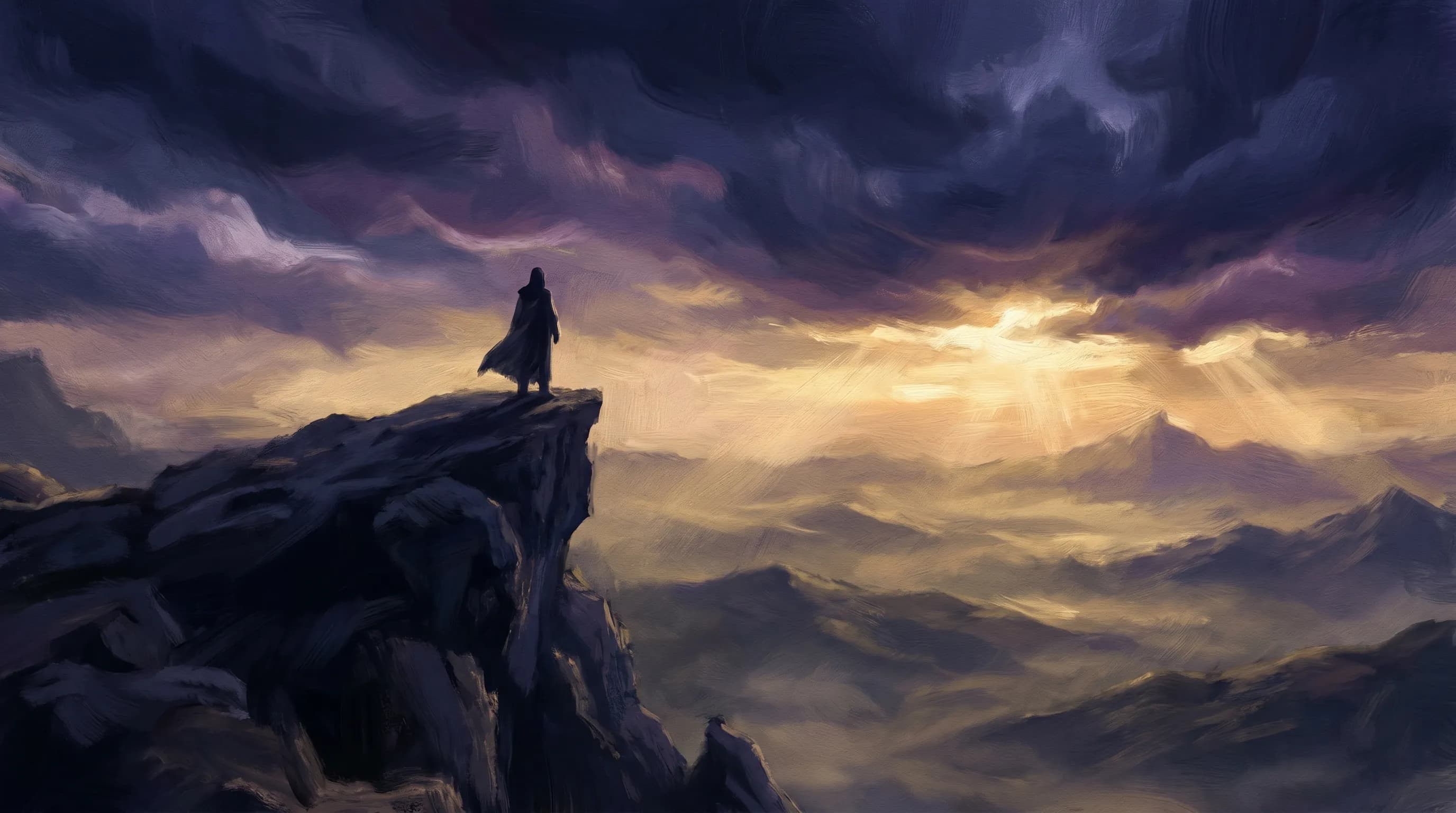 A figure standing at the edge of a cliff facing a sunrise of golden light through indigo clouds — spiritual awakening reading list