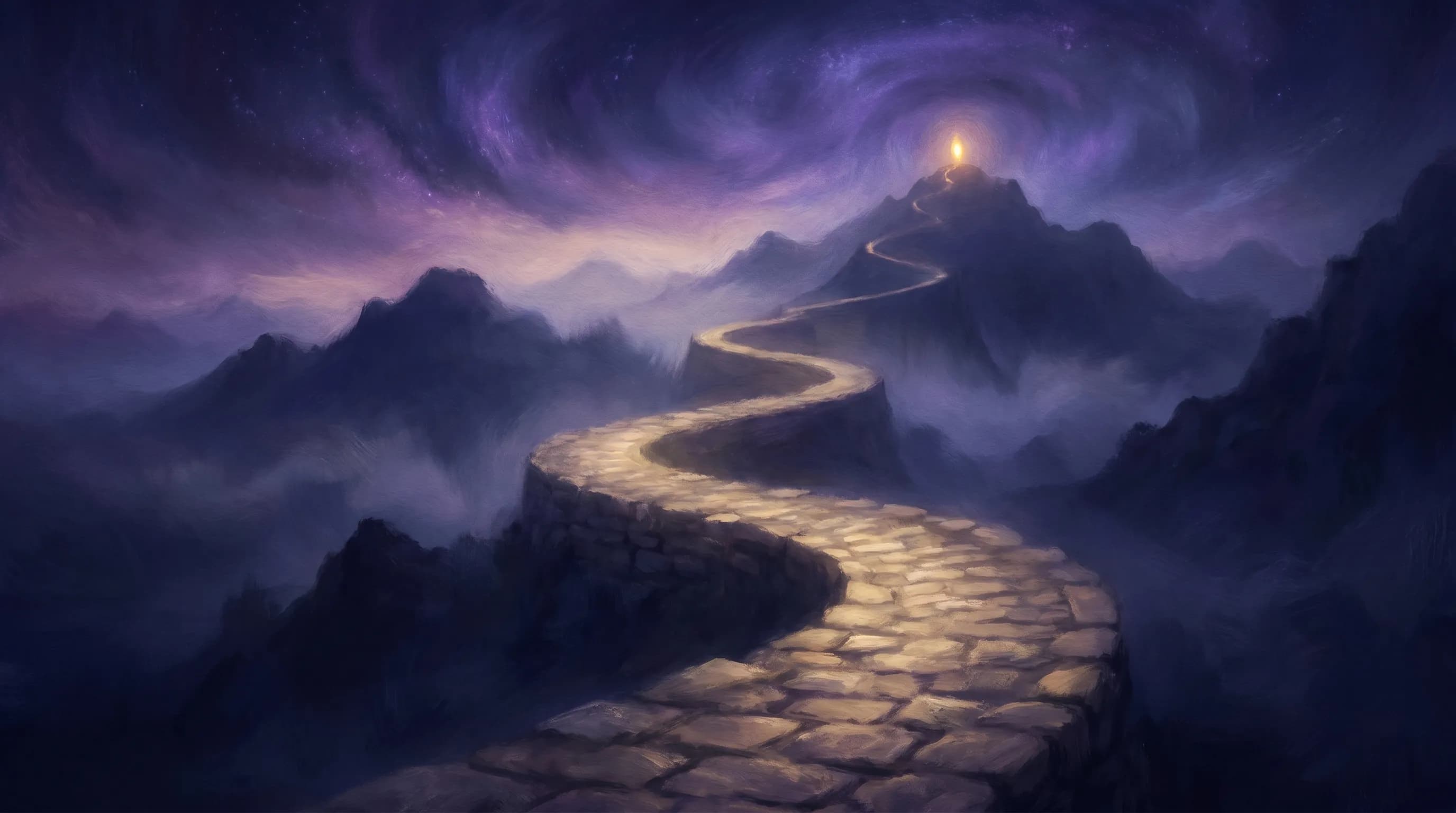 A path winding through misty mountains toward a glowing point of golden light at the summit — spiritual enlightenment books
