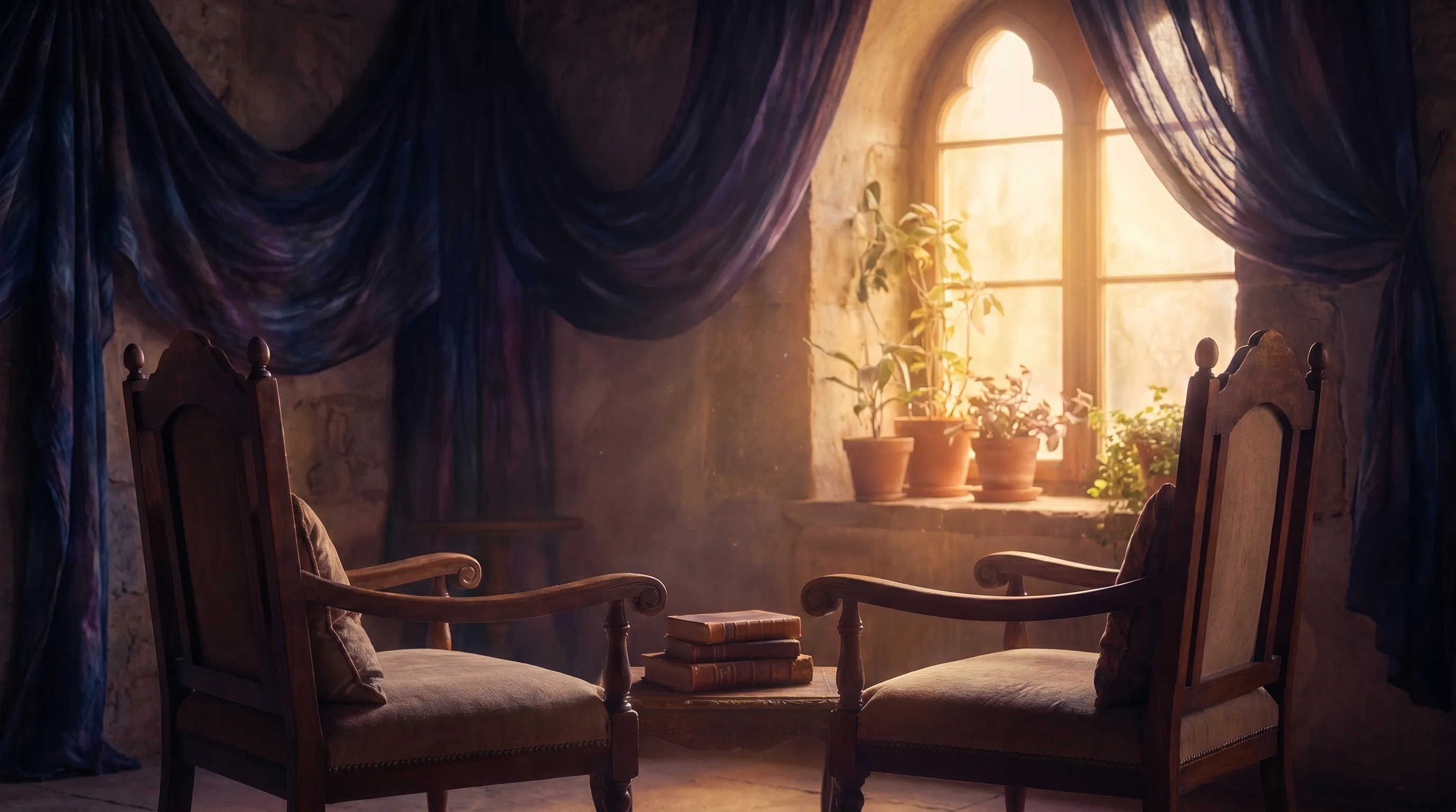 Two empty chairs in a softly lit room with warm golden light and plants — spiritual therapy guide