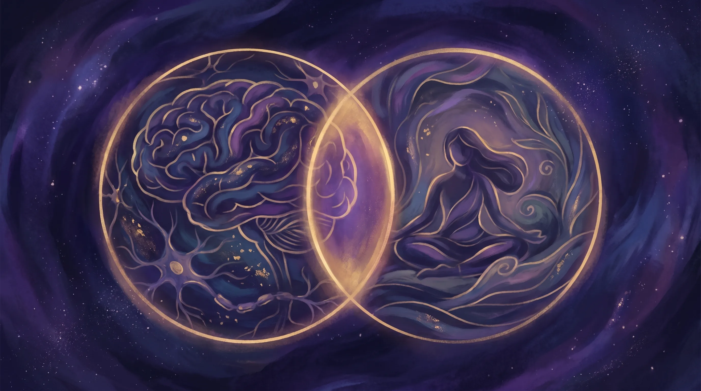 Two intersecting circles in golden line-art combining brain imagery and contemplative imagery — spirituality and psychology