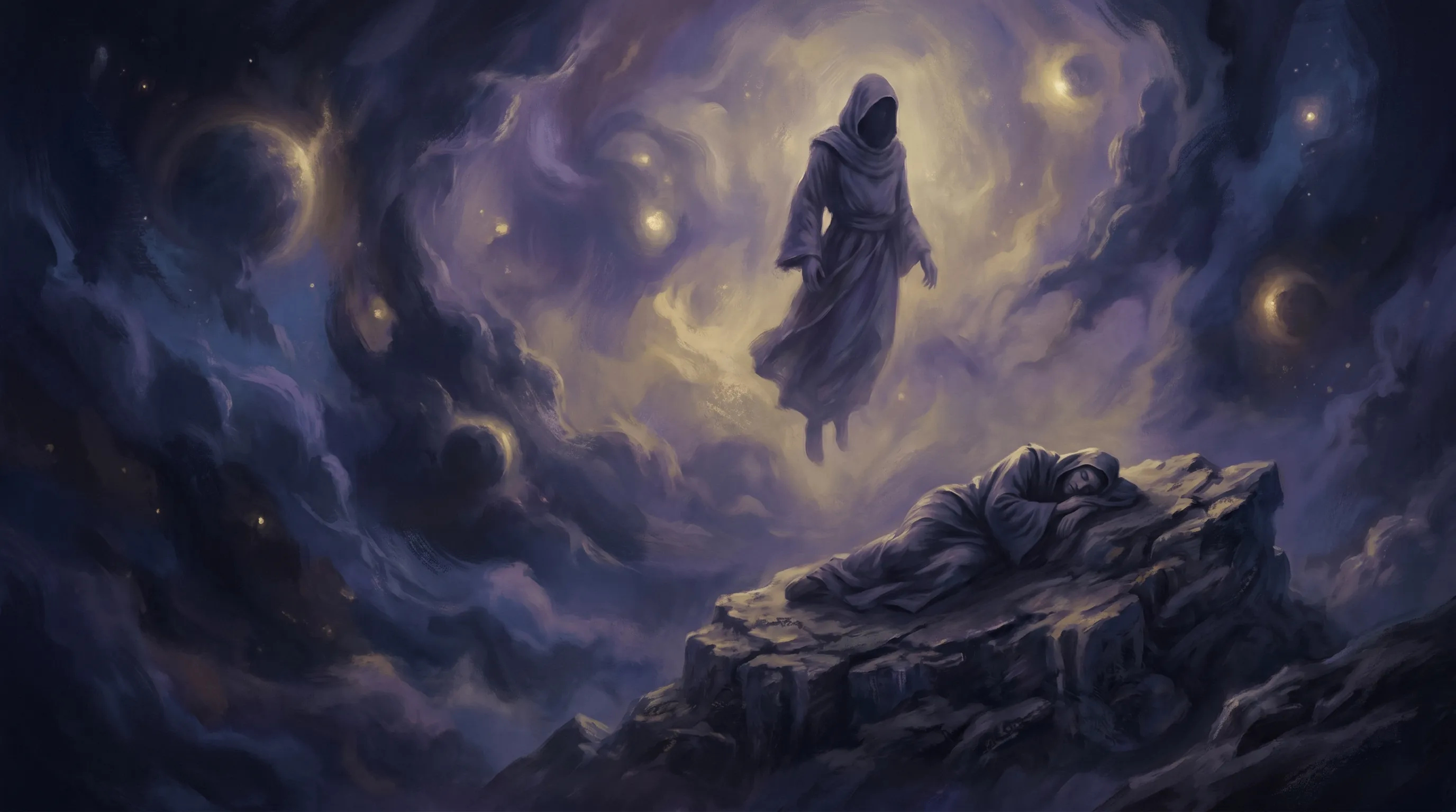 A dreaming figure floating above a sleeping body in a surreal cosmic landscape — what is lucid dreaming beginner's guide
