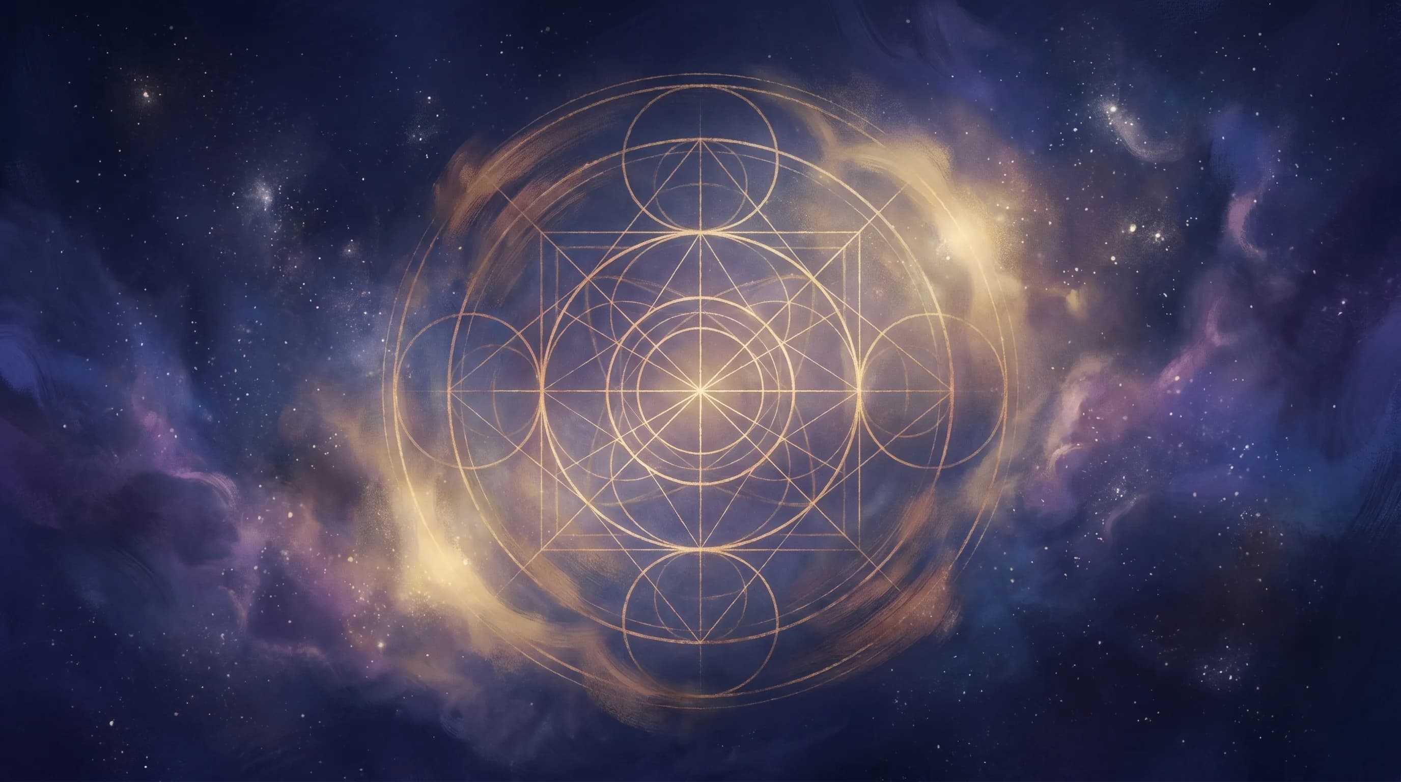 A complex sacred geometry mandala in golden line-art on a deep indigo cosmic background — introduction to metaphysics